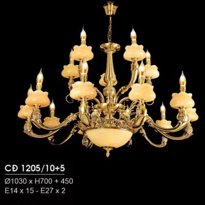 Đèn Chùm Đồng Nến 15 Ta, Chóa Thủy Tinh HFCĐ-1205/10+5